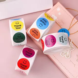 สติกเกอร์รูปยิ้มหลายสี สติกเกอร์ Thank you มินิมอล 1 ม้วน 500 ดวง พร้อมส่ง สติกเกอร์ ติดเเก้วน้ำ
