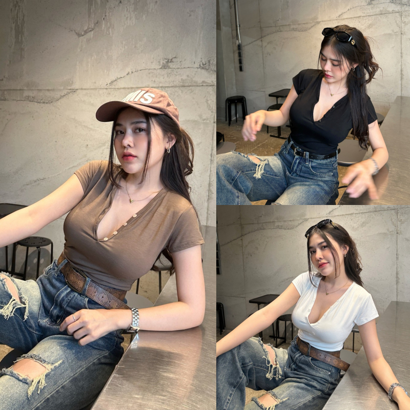 เสื้อยืด คอวี แต่งกะรดุมใช้งานได้จริง เสื้อทรงสลิมฟิต พร้อมส่ง ผ้าเรย่อนยืดเยอะมาก สาวอวบใส่ได้ รุ่น คอวีเรย่อน