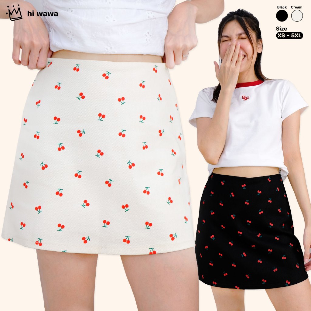 hi wawa - กระโปรงสั้น ลายเชอรี่ สีครีม,สีดำ ผ้ายีนส์ กระโปรงทรงเอ มีซับใน (รอบเอว 24-40 นิ้ว)