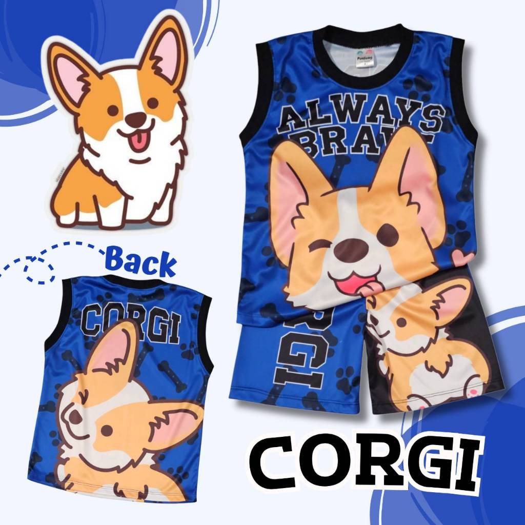 DOG0903#2 ชุดเด็ก เสื้อกล้าม+กางเกงขาสั้น ผ้าไมโครเกรดA ลายน้องหมาคอร์กี้ เสื้อผ้าเด็ก ชุดเด็กแฟชั่น ชุดเด็กลายการ์ตูน