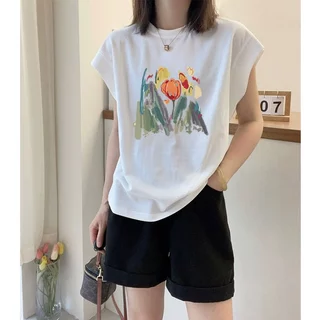 เสื้อแขนกุดลําลองทรงหลวมสไตล์เกาหลีน่ารัก oversize เสื้อผ้าสาวอวบแฟชั่นฤดูร้อนใหม่ เสื้อยืดสวยๆผู้หญิงที่กําลังฮิตวินเทจ