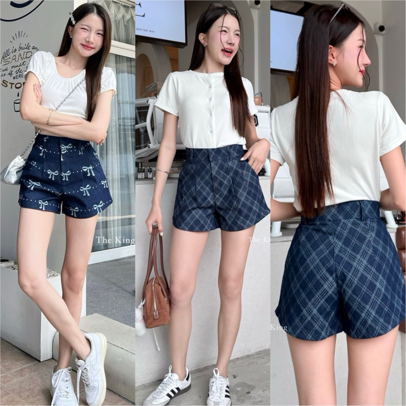 🎀💫ยีนส์ขาสั้นเอวสูงทรงบาร์บี้✨พิมพ์โบว์🎀ขาสั้นสุดน่ารัก💫