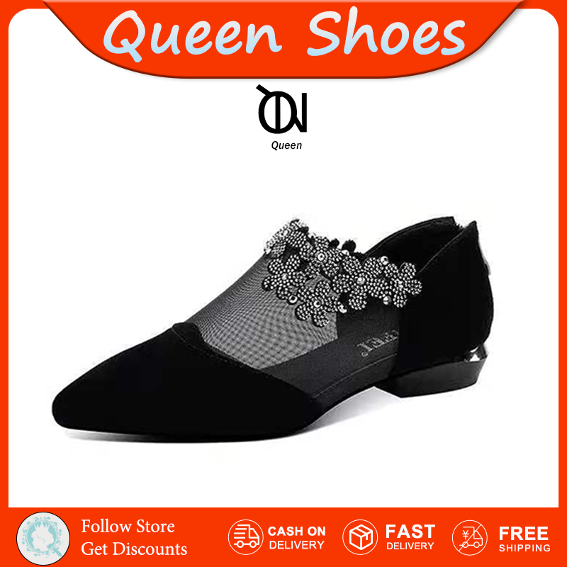 Queen รองเท้าส้นเตี้ยปลายแหลมทรงสี่เหลี่ยม้ำนหนัก เบาส้นลึกปิดซิป