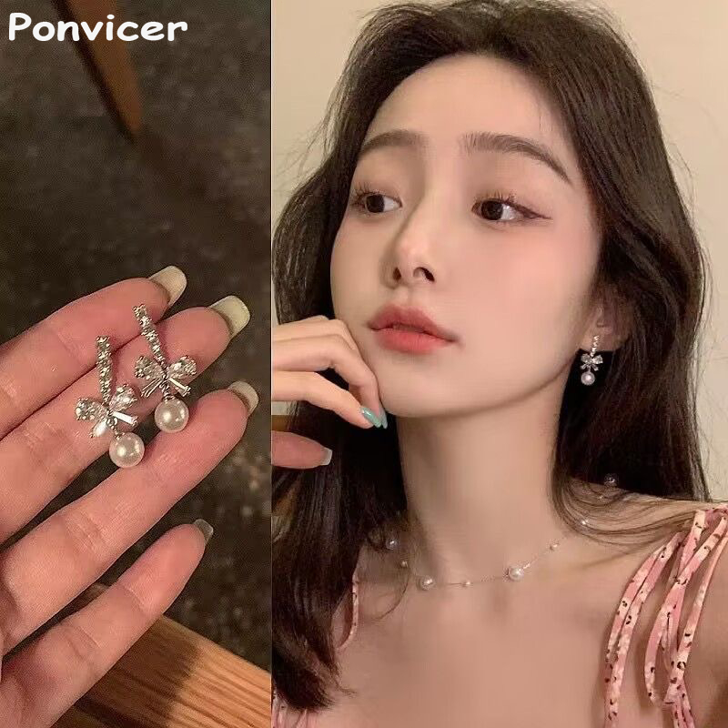 ต่างหูสตั๊ด Bow Pearl ละเอียดอ่อนหวาน สไตล์หรูหราแสง หญิง ไม่ทําให้แพ้ง่า เครื่องประดับแฟชั่น
