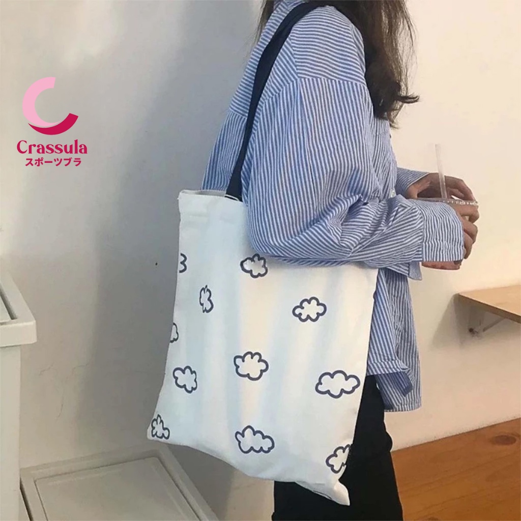 Crassula แท้ กระเป๋าผ้า กระเป๋าสะพายไหล่ Tote Bag ลายก้อนเมฆ ใส่ของได้เยอะ ใบใหญ่สุดคุ้ม