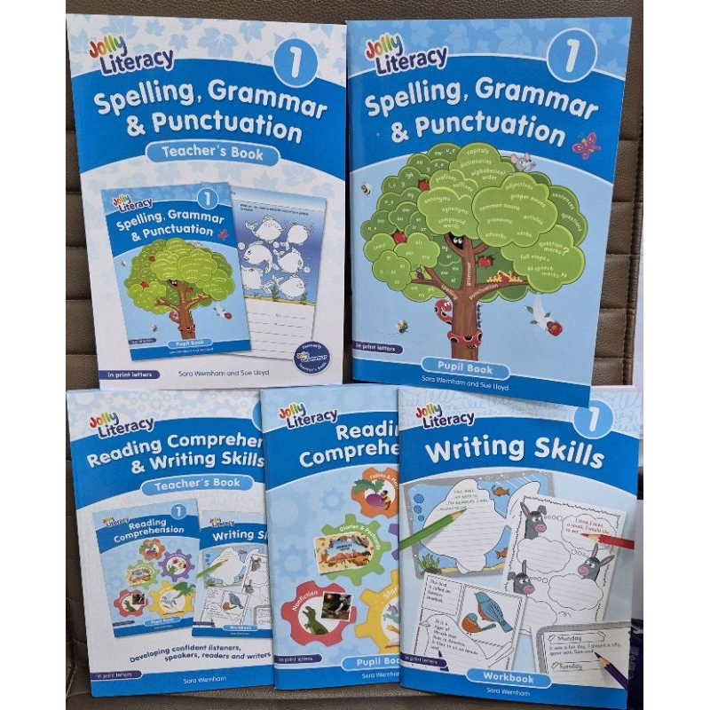 NEW! 5 books of Jolly Literacy :Spelling, Grammar, Punctuation, Reading Comprehension pupil,Writing 