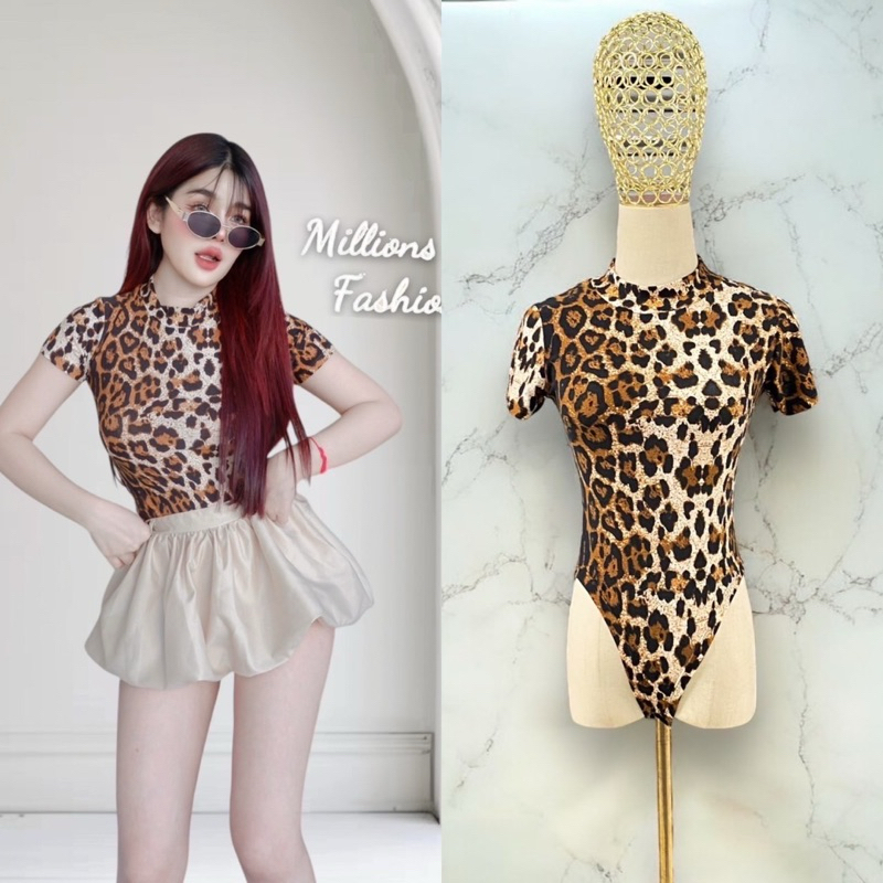 บอดี้สูท คอเต่า แขนสั้น/แขนยาว ผ้าลายแบรนด์ เป้าแป๊กรอบอก32-36