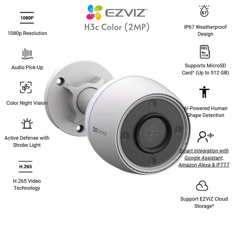 ⚡️กล้องวงจรปิดไร้สาย⚡️EZVIZ H3C Color 2MP 2.8mm. H.265 Wi-Fi Camera กล้องภายนอก กลางคืนแบบสี 24 ชม