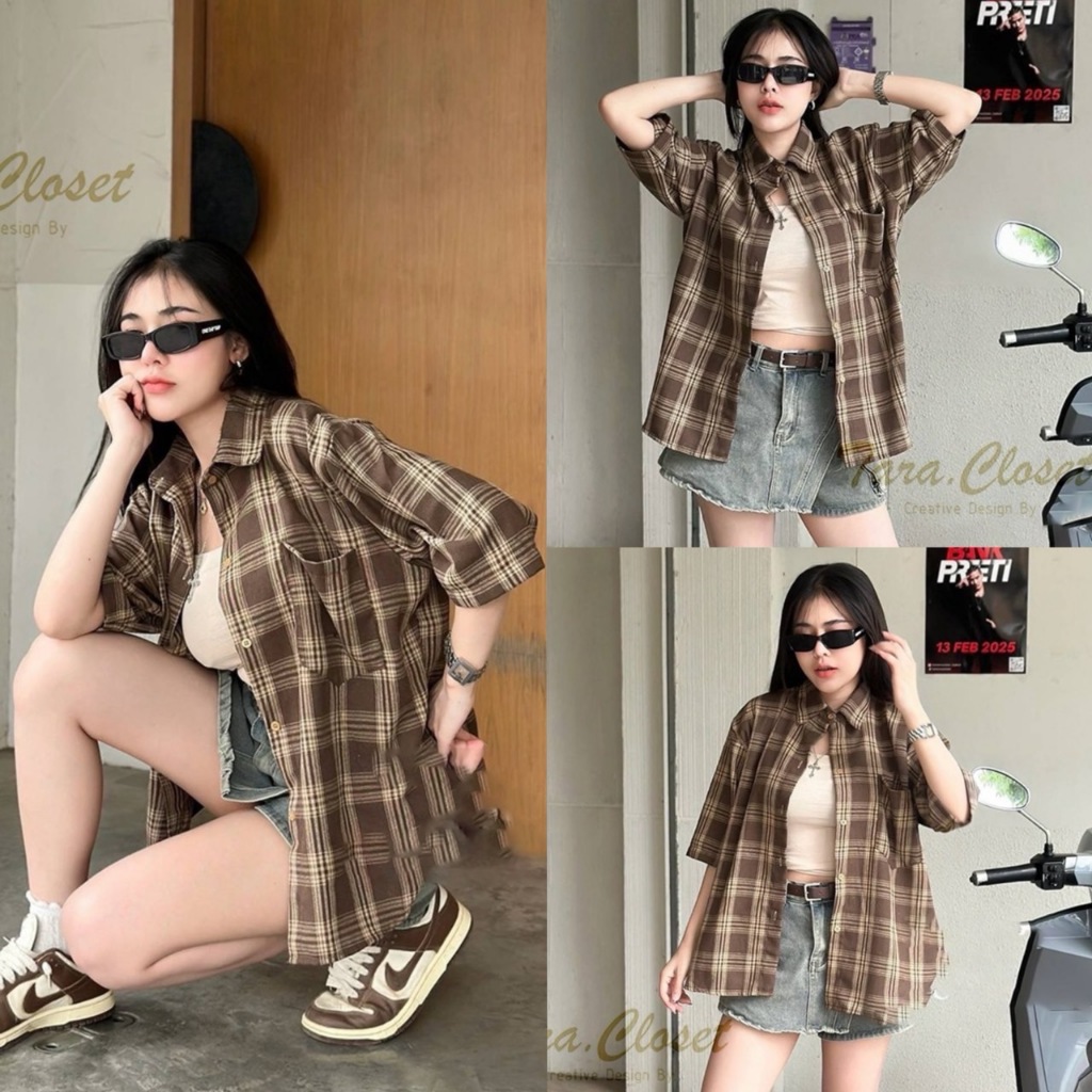 MR017 TARA Shirt เสื้อเชิ้ตทรงโอเวอร์ไซซ์ แขน 5 ส่วน ลายสก็อต กระดุมหน้า เนื้อผ้าคอตตอนญี่ปุ่น ผ้าดี ใส่สบาย ไม่ร้อน