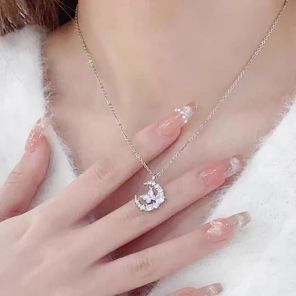 สร้อยคอรูปพระจันทร์และเกล็ดหิมะรูปผีเสื้อเพชรพร้อมโซ่กระดูกไหปลาร้าสุดหรู ของขวัญวันเกิด - รูปที่ 3