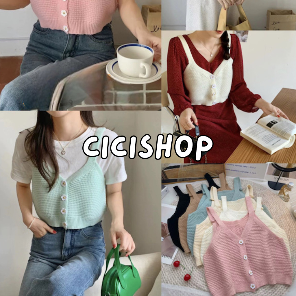 Cicishop(SALE/สุ่มสี Z6638)สายเดี่ยวไหมพรมสีพื่น กระดุมลายดอกไม้น่ารักมากกมีกิมมิคานิ่มใส่สบายมาก