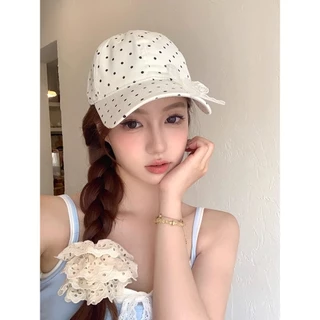 🎀( 6 สี )หมวกเบสบอลลายจุดโบว์ลูกไม้สไตล์เกาหลี🎀 หมวกเบสบอลป้องกันแสงแดดแบบใหม่ รอบศีรษะขนาดใหญ่