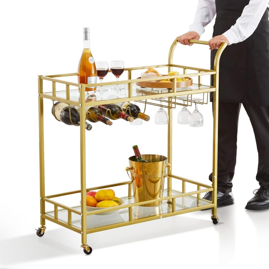 รถเข็นบาร์ รถเข็นเครื่องดื่ม 2ชั้นพร้อมชั้นวางขวดไวน์ Bar Cart, Home Bar Serving Cart