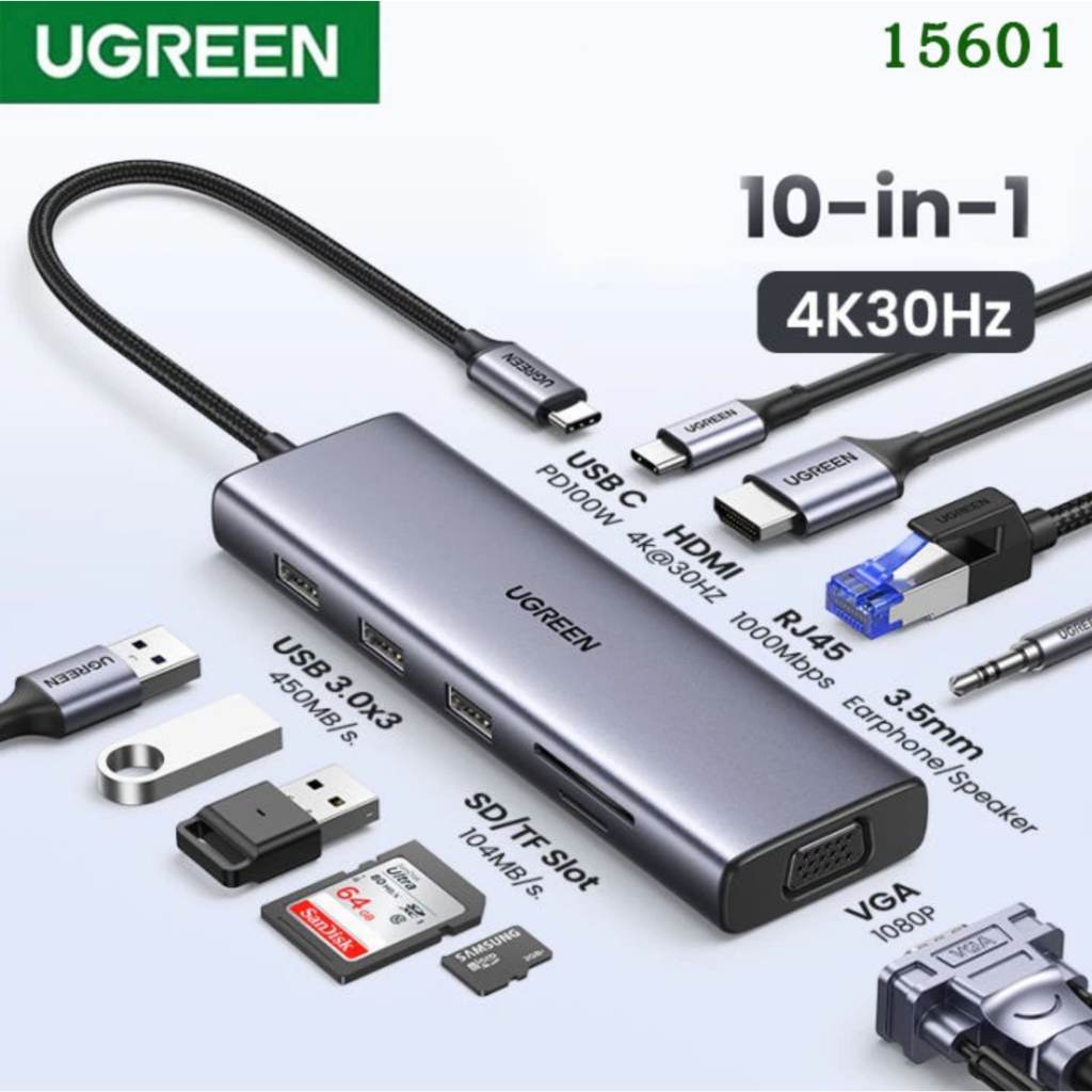 UGREEN รุ่น 15601 HUB 10in1 Adapter Type C รองรับ 4K30Hz / USB3.0x3 Port / PD100W / RJ45 / VGA, SD/T