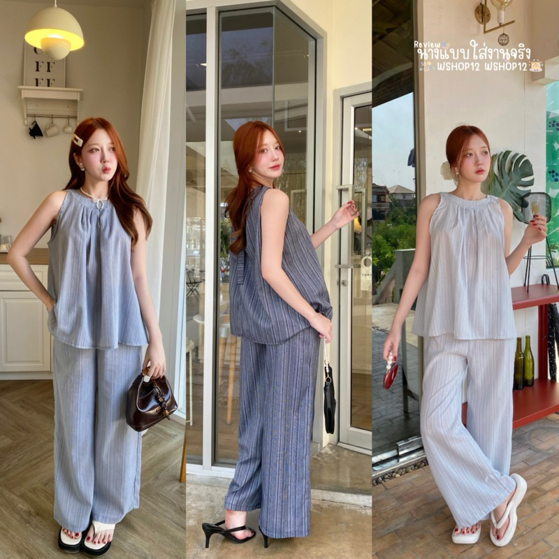 N46 ‘เซ็ต2ชิ้น เสื้อแขนกุดคอกลมผูกโบว์หลัง + กางเกงขายาวทรงปล่อย ผ้าลินินลายริ้วใส่ทำงานวันสบายๆ เรียบหรู 5สี