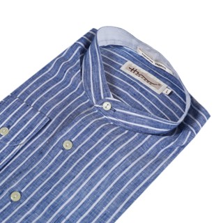Hazard เสื้อเชิ้ตทำงานคอจีนแขนยาวลายทาง ผ้า Linen(ลินิน) สีน…