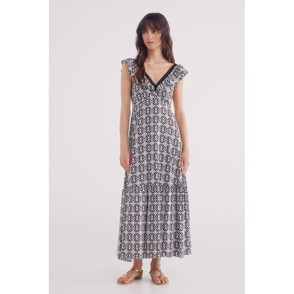 SPRINGFIIELD ชุดเดรส สายเดี่ยว คอวี VESTIDO MIDI ESCOTE VOLANTE LACE (B2603)