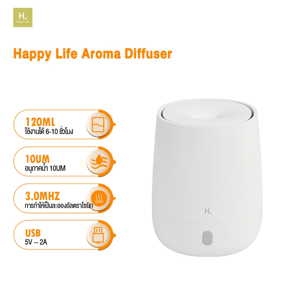 Happy Life เครื่องทำความชื้น Humidifier เครื่องกระจายกลิ่นหอม 120ml ที่ชาร์จ USB มีไฟสี ใช้ได้ 6~10 ชม.