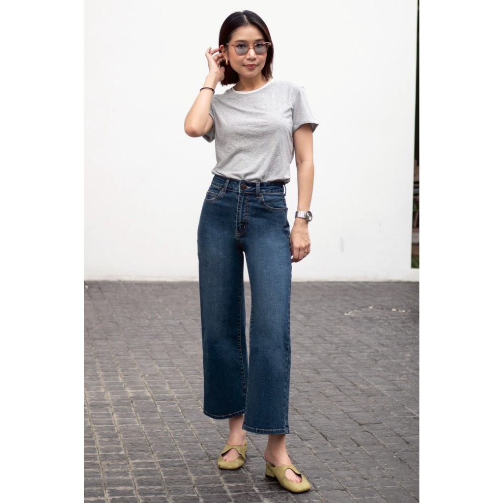 T3221 TBY Jeans กางเกงยีนส์ผู้หญิง ผ้ายืดงขากระบอกเต่อ เอวสูง มุมกระเป๋าหลังขวาปักYฟอกสีเข้ม