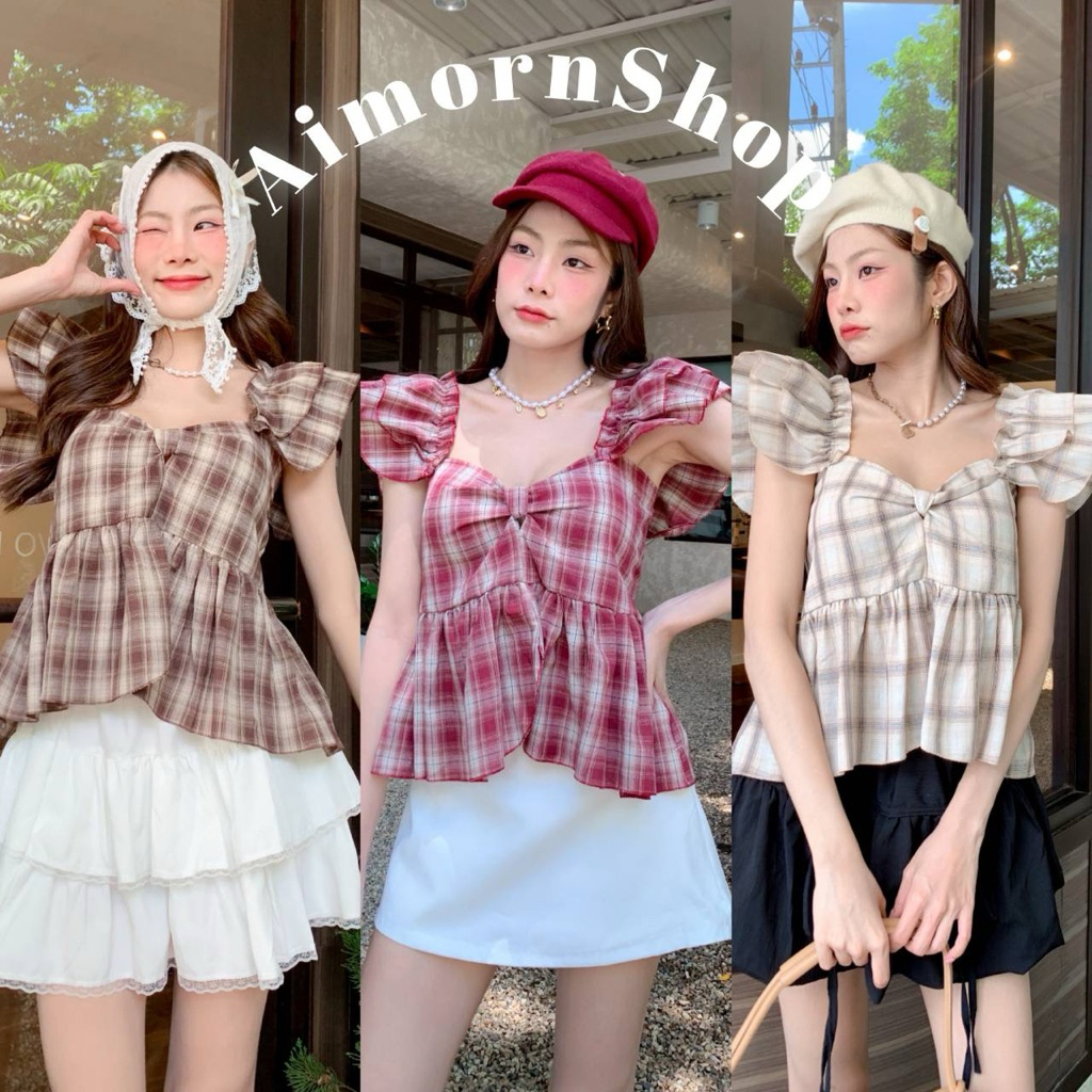 🔥aimorn_shop🔥เสื้อระบายแขน ลายสก๊อต สม็อคหลัง จับจีบหน้า ดีเทลลุคคุณสุดๆ งานน่ารักมาก
