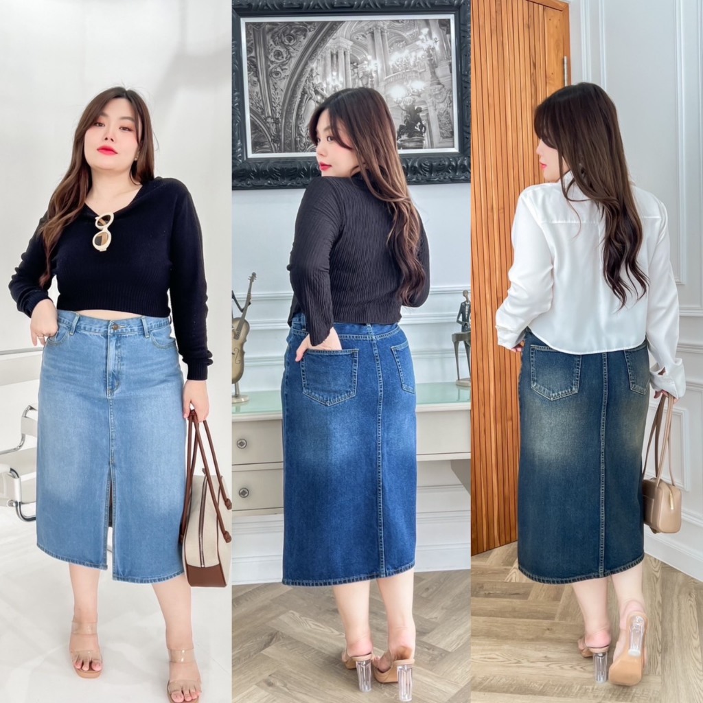 Rittajeans กระโปรงยาว สาวอวบผ่าหน้า ผ้ายีนส์ ไม่ยืด