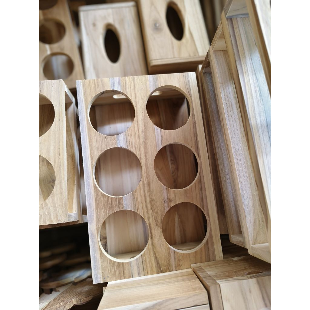 บล็อกไม้ใส่แก้วกันล้ม 1-6หลุม ไม้สัก ไม่ทำสี