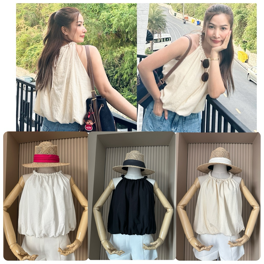 เสื้อแขนกุดทรงบอลลูน ดีเทลผูกโบว์ข้างหลัง งานสวยมีซับใน