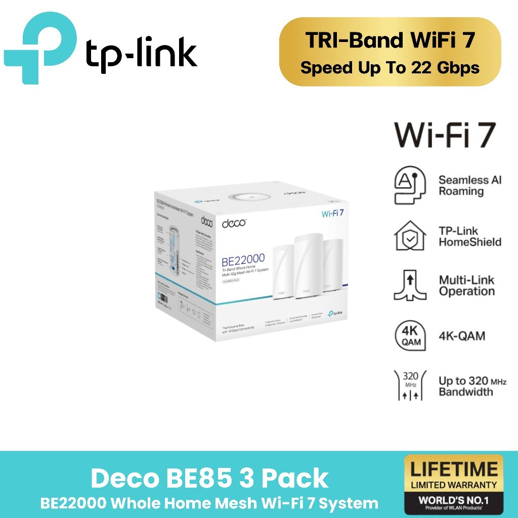 TP-LINK Deco BE85 BE22000 (อุปกรณ์ขยายสัญญาณอินเตอร์เน็ต) Whole Home Mesh Wi-Fi 7 System