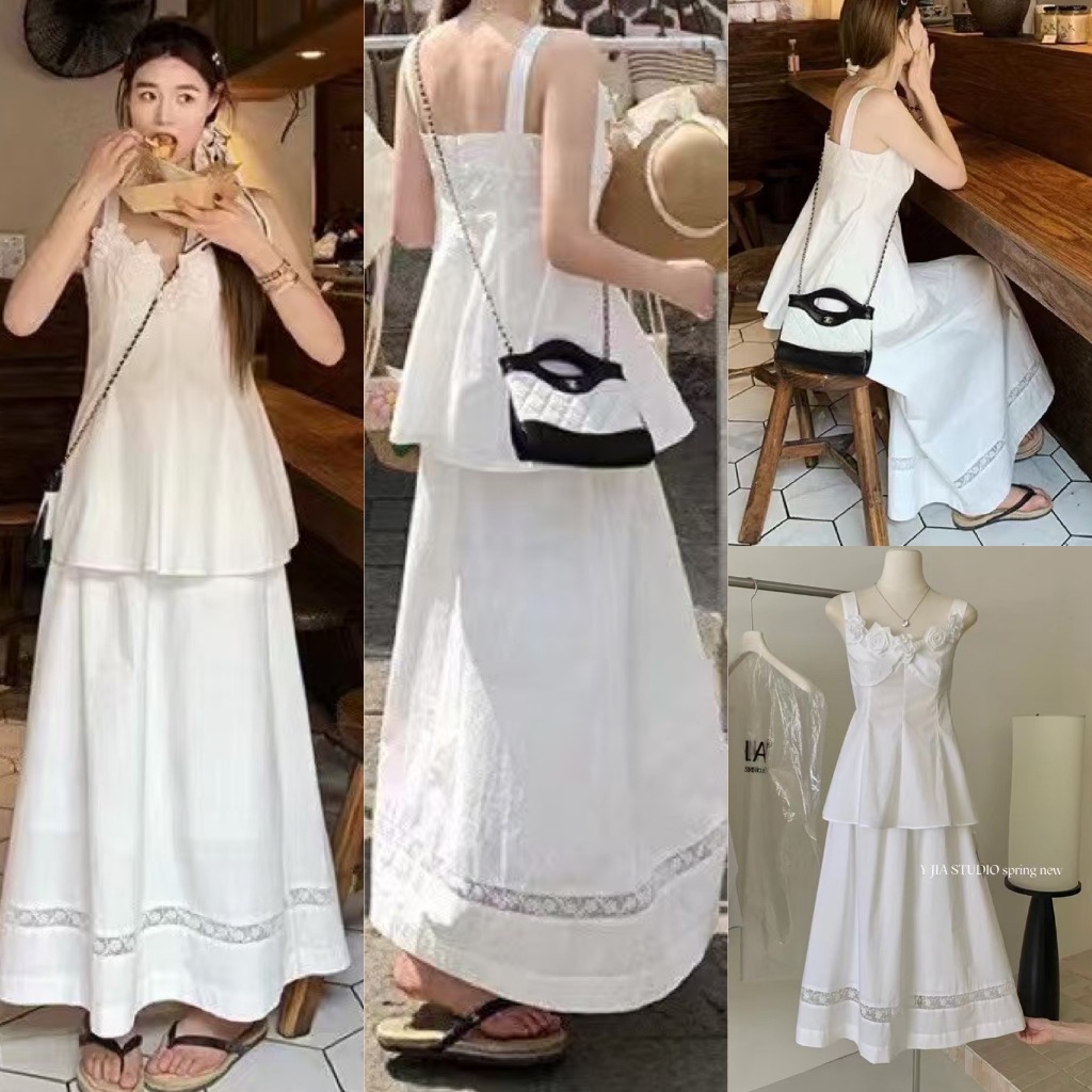 🧡🧵 🇰🇷 Y5658 เซ็ท 2 ชิ้น เสื้อสายเดี่ยว แต่งดอกกุหลาบช่วงอก แฟชั่นเกาหลี TAG KOREA 🧵🧡