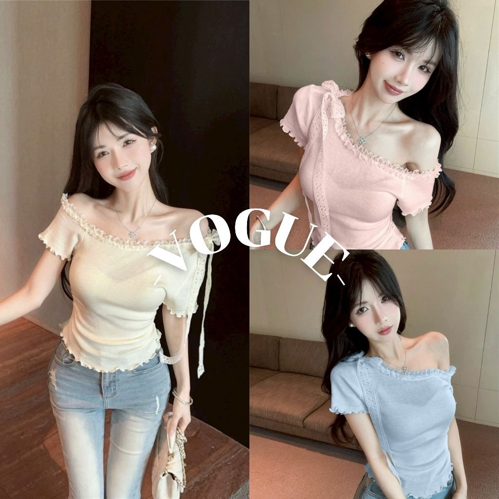 Vogue พร้อมส่ง  เสื้อครอปไหมพรม แขนสั้น ดีเทลเปิดไหล่ แต่งขอบ (Z-CR17)