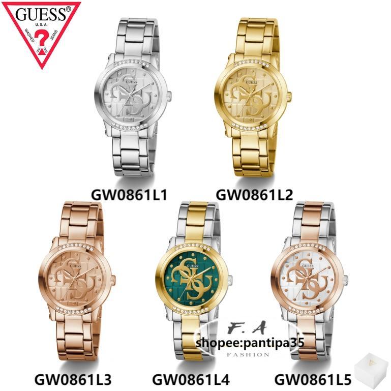 F.A Guess นาฬิกาอะนาล็อกผู้หญิงค่ะ หน้าปัดมีโลโก้ตัว 'G' ตรงกลางและแผ่นด้านล่างมีพื้นผิวลายจระเข้ค่ะ GW0861L1 GW0861L2