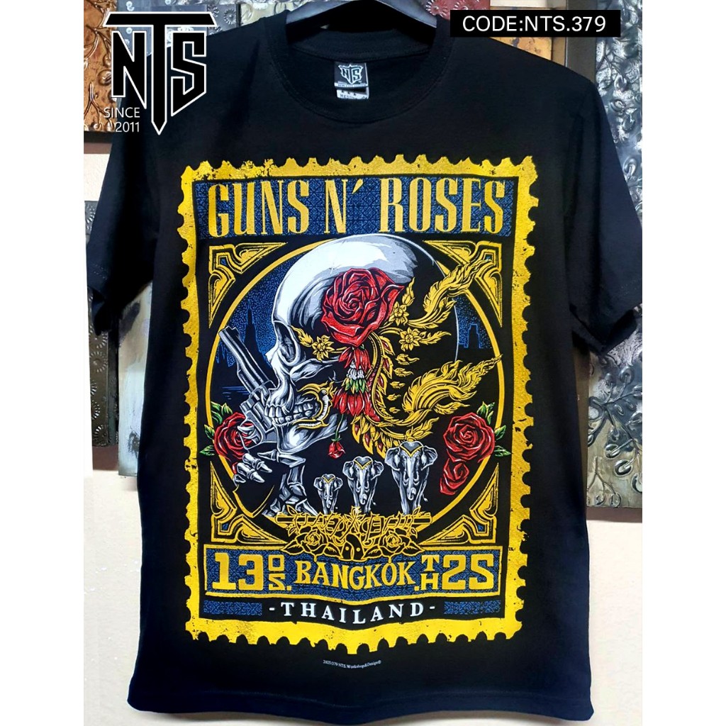 NTS 379 Guns N’ Roses GNR คอนเสิร์ต LIVE IN BANGKOK เสื้อยืด ROCK ลายวงดนตรี ซิลค์สกรีน คอตตอนหนานุ่ม สีดำ S M L XL XXL