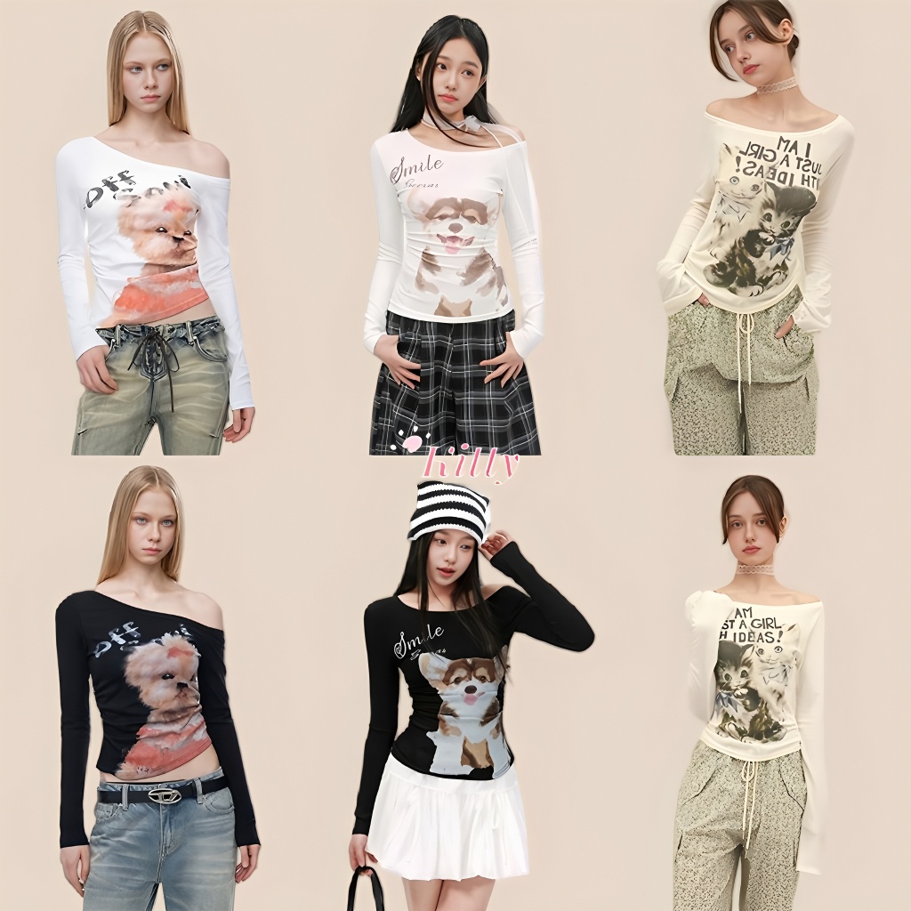 Kitty พร้อมส่ง✨เปิดไหล่ เสื้อยืดผู้หญิงแขนยาว สาวฮอต สวยเซ็กซี่ ใส่ผอมทันใจ แฟชั่น น่ารักๆ ใส่แล้วดูผอม สไตล์คาวาอี้