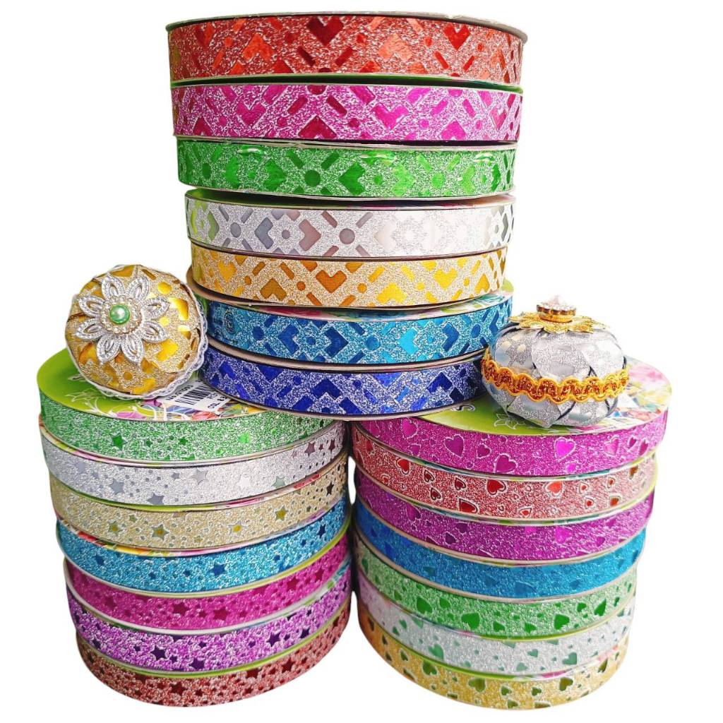 ริบบิ้นกากเพชรทึบอัดลาย ตราTW ม้วนเล็ก ยาว 50 หลา ขนาด 12 mm. พับเหรียญโปรยทาน (ราคาต่อม้วน)