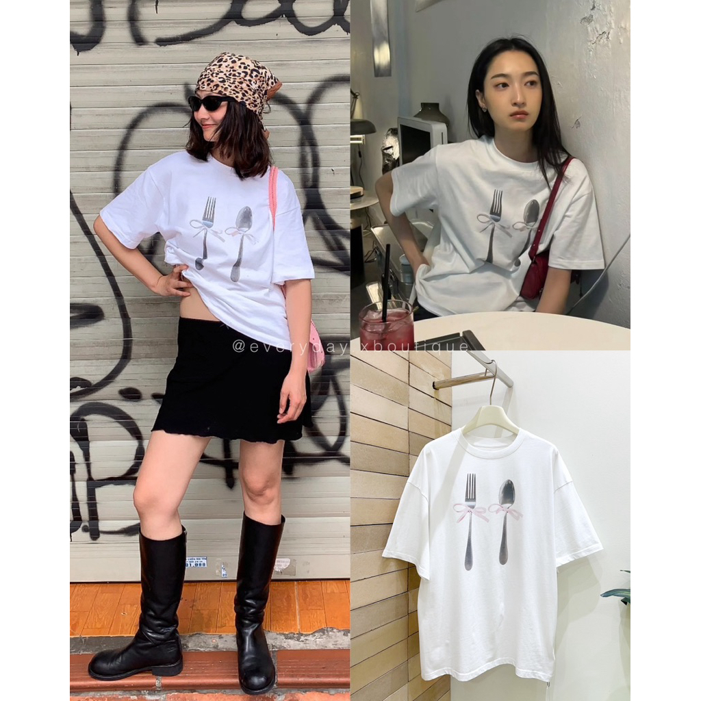 𝗖𝗨𝗧𝗟𝗘𝗥𝗬 𝗖𝗢𝗨𝗣𝗟𝗘 𝗧𝗘𝗘🥄🎀(450฿) เสื้อยืดลาย Spoon & Fork สุดฮิตในหมู่อินฟู เพิ่มลูกเล่นด้วยโบว์ชมพู onsea