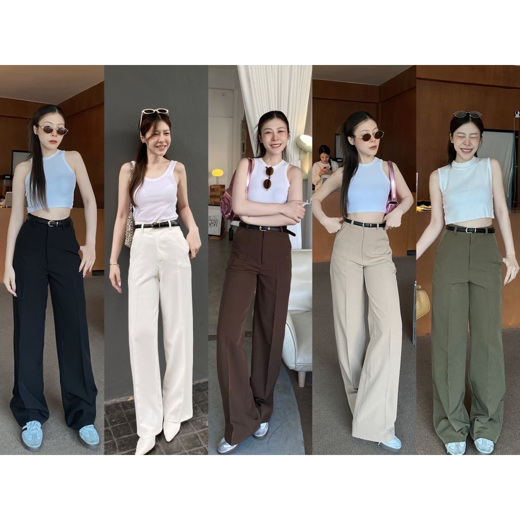 K2.Classy Pants กางเกงเอวสูงสีพื้นตะขอหน้าแต่งหูเข็มขัด