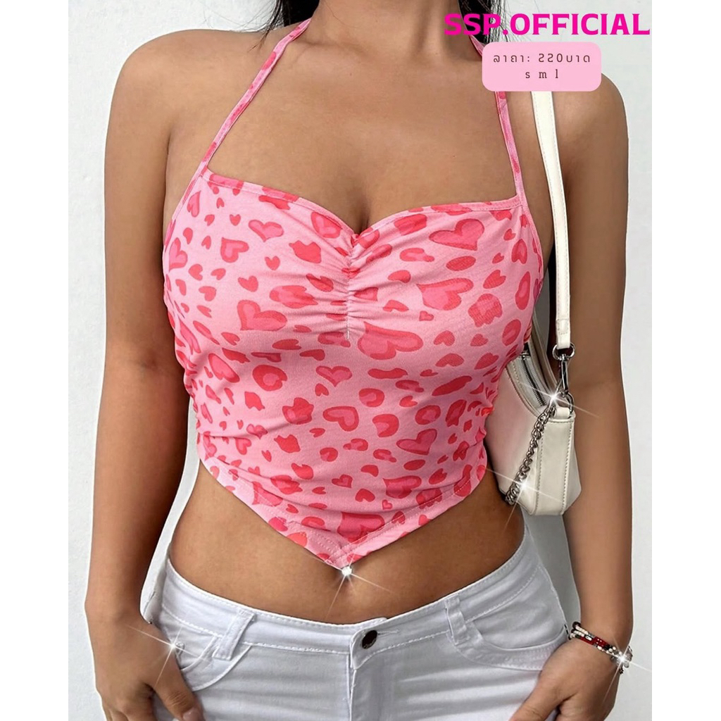 Shn XS แท้ เสื้อเกาะอกตัวจิ๋วคล้องคอลายหัวใจผ้าตาข่ายมีซับในสองชั้น