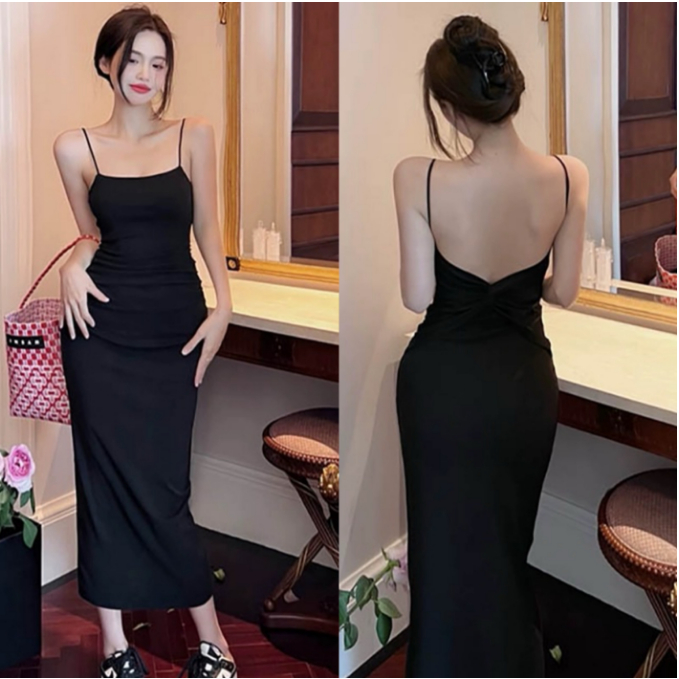 black sexy prom dress ออกงาน เดรสไปทะเล ยาว รัดรูป น่ารัก สาวอวบ แขนกุด สีดํา
