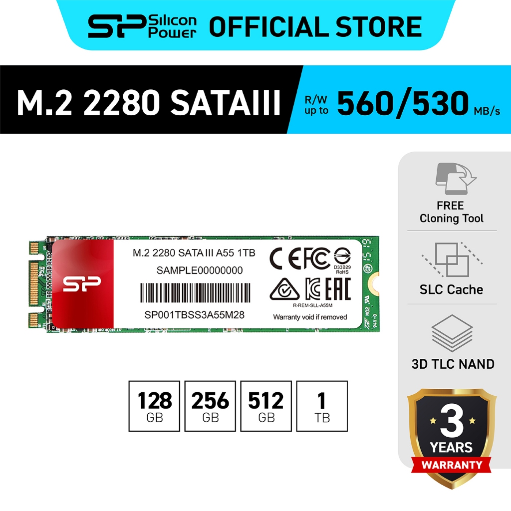 Silicon Power SSD (เอสเอสดี) M.2 2280 SATA 3_ 128GB/256GB/512GB/1TB รุ่น A55  - รับประกัน 3 ปี