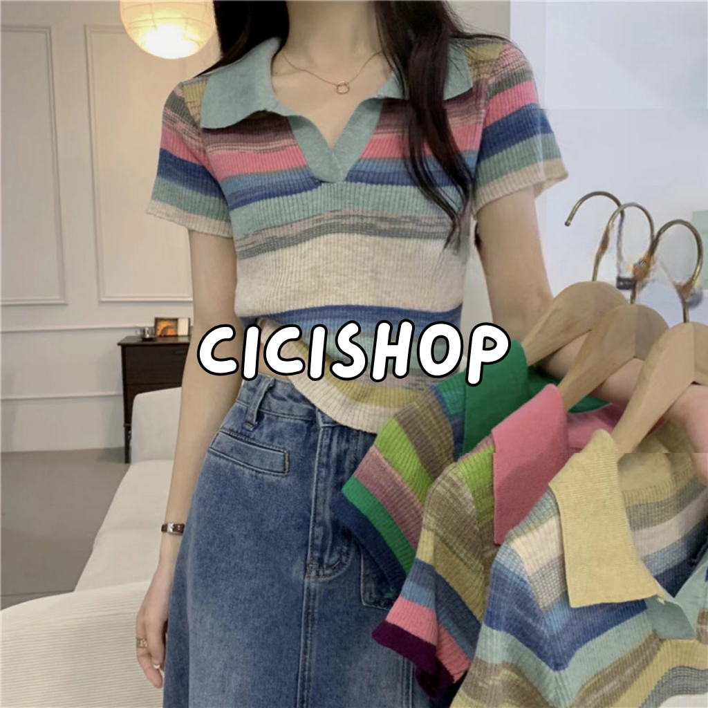 Cicishop(K305)เสื้อไหมพรมแขนสั้นลายทาง เข้ารูป ไล่สีแบบเก๋เข้ารูปเข้าทรงเท่แบบมีสไตล์ สีสันน่ารักโดนใจ