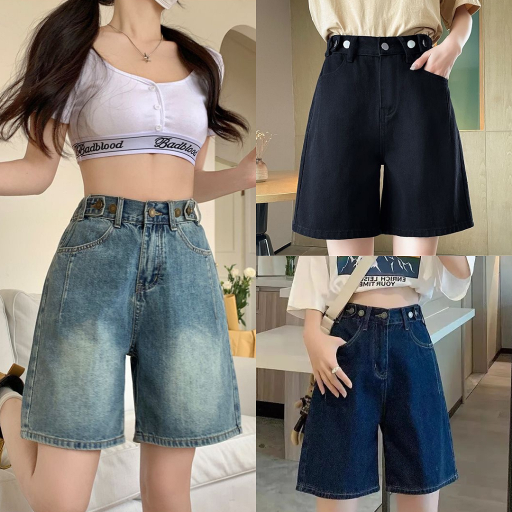 กางเกงยีนส์สามส่วน SIZE S-14XL แต่งเฟตเอวสม็อคหลัง ปรับกระดุมได้