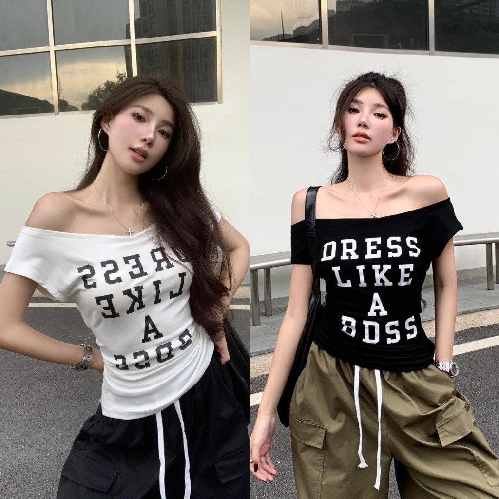 เสื้อยืดผู้หญิง เสื้อปาดไหล่ผู้หญิง ทรงเข้ารูป ทรงสวยๆ อักษรสวย #1502317
