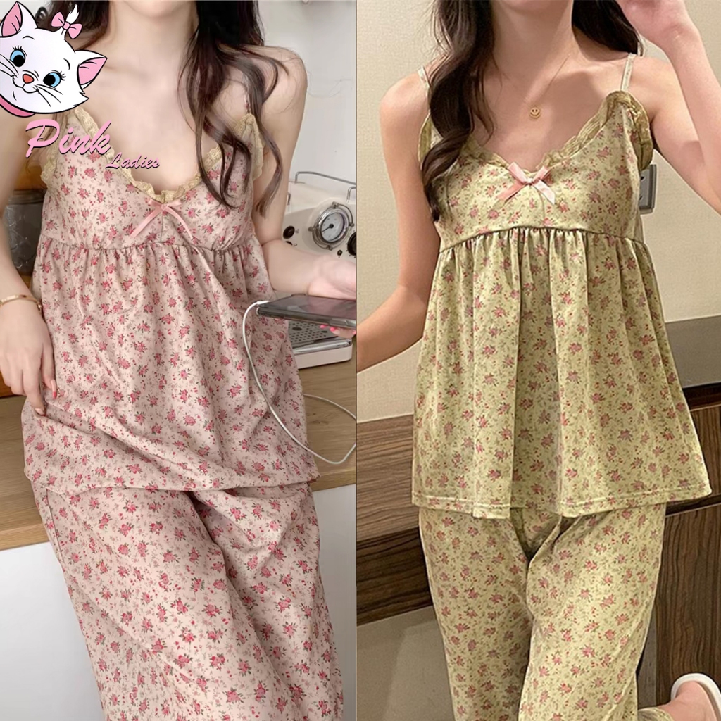 🧽(มีฟองน้ํา)ชุดนอน ลายดอกไม้ ความสวยเซ็กซี่ ขายาว+เสื้อเชิ้ต น่ารักสไตล์เกาหลี M-2XL  | ส่งจากไทย