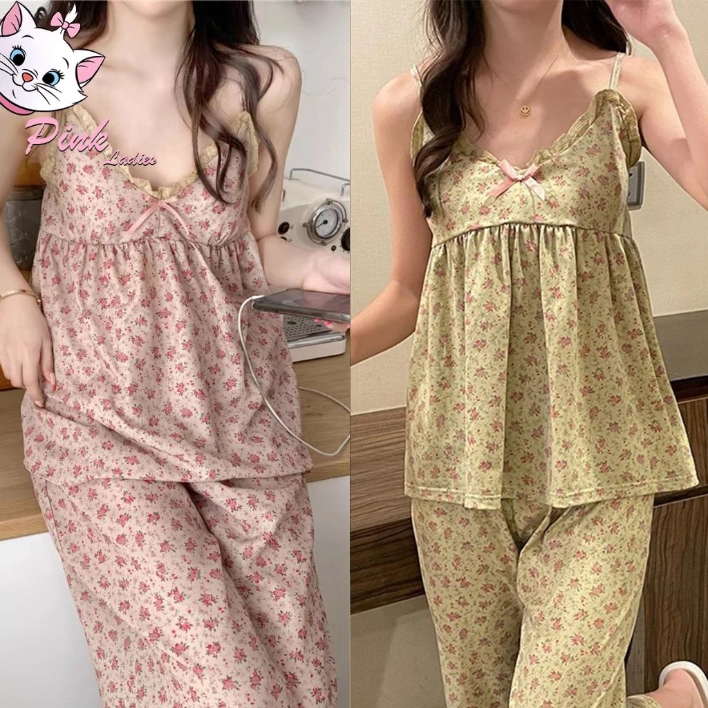 🧽ชุดนอนสาวเกาหลี มีฟองน้ำ ทรงเซ็กซี่ น่ารัก ชุดเซ็ต เสื้อผูกโบว์+กางเกงขายาว ลายดอกไม้ M-3XL | ส่งจากไทย
