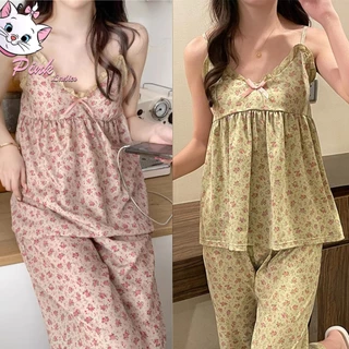🧽ชุดนอนสาวเกาหลี มีฟองน้ำ ทรงเซ็กซี่ น่ารัก ชุดเซ็ต เสื้อผูกโบว์+กางเกงขายาว ลายดอกไม้ M-3XL | ส่งจากไทย