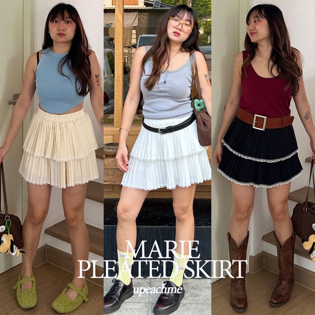 upeachme(C3.5) Marie pleated skirt (เอว23-40") กระโปรงพลีทสั้นระบายแต่งลูกไม้ พลีทสั้นซับในกางเกง