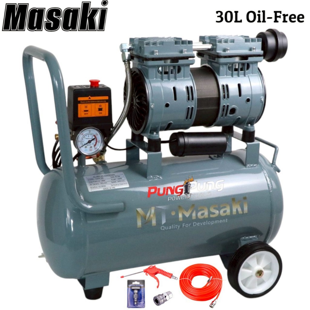 MT Masaki ปั้มลม OIL FREE 30 ลิตร ปั้มลมเก็บเสียง ปั้มลมออยฟรี เสียงเงีบย 1500W 2HP ปั้มลมไฟฟ้า ปั้มลมรถยนต์