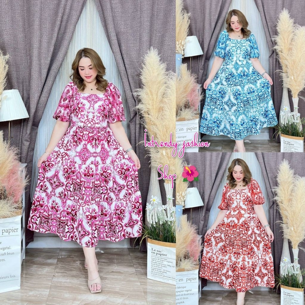 ใหม่.เดรสยาวสาวอวบลายโบฮีเมียน คอเหลี่ยมแขนตุ๊กตา Free size 36 - 46 ใส่ได้ ใส่สน เป็นผ้าไหมอิตาลี.