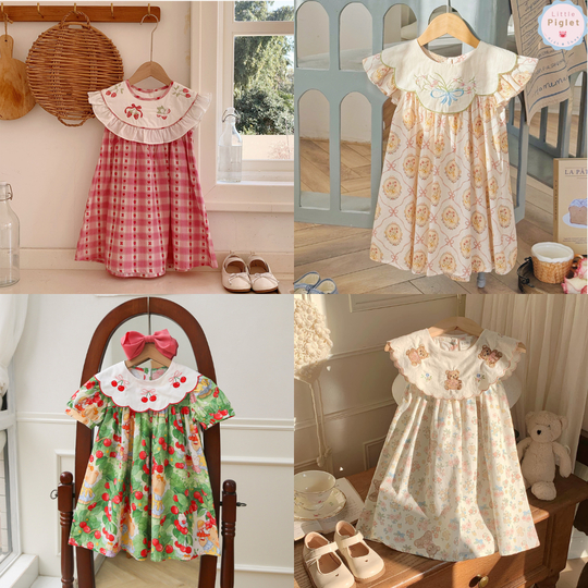 Little Piglet ชุดเดรสเด็กผู้หญิง สไตล์เกาหลี น่ารัก ลายหมี/เชอร์รี่/ดอกไม้