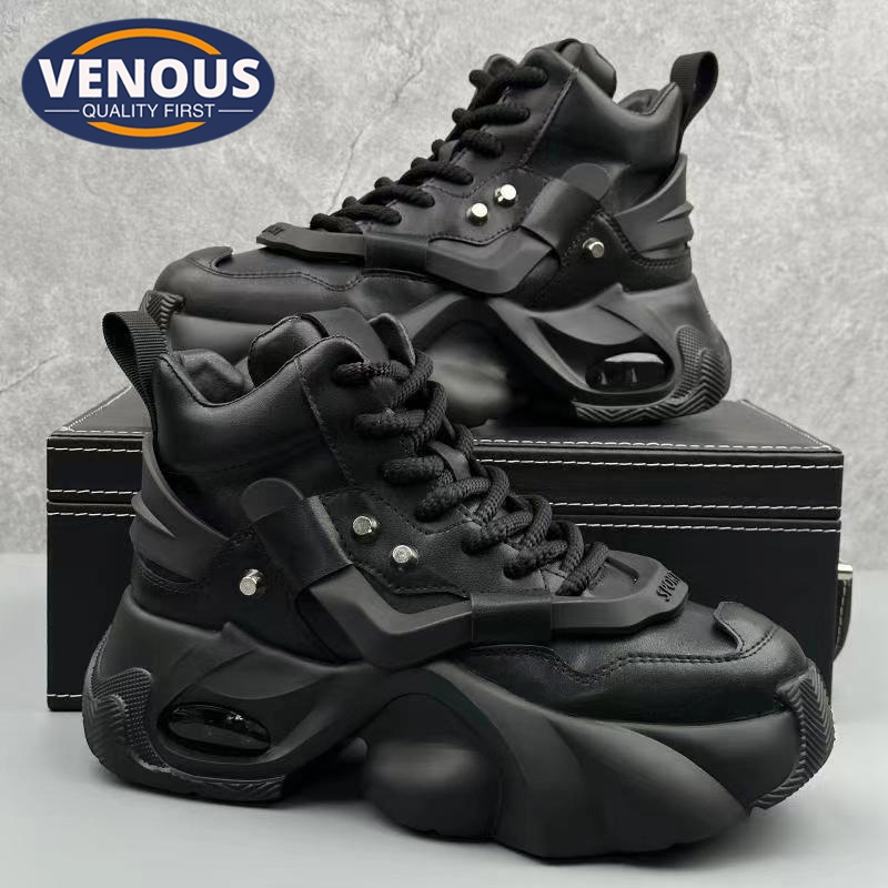 【Venous】2025 New Original 100% รองเท้าผู้ชายสีดำแบบกีฬา รองเท้าผู้ชายยางหนา รองเท้าผู้ชายแบบสูง Size 37-46